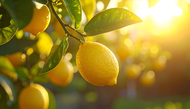 Sun-Kissed Lemons Ripening on a Tree Branch in Golden Hour Light.