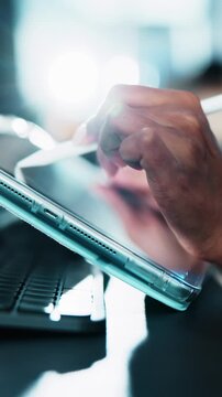 Sketch, hands or person with tablet in office, logo development project or digital art for marketing. Flare, creativity or graphic designer with tech for online drawing app, brand emblem draft or pen