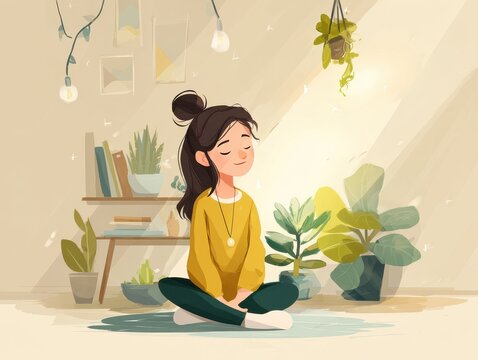 Teenage girl with autism engaging in calming stimming activities in a sensory-friendly school corner illustration
