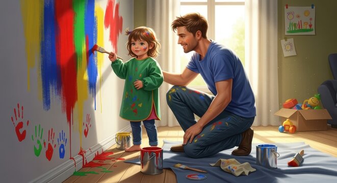 fathers day father daughter painting colorful wall together joyful home scene creative family bonding celebration