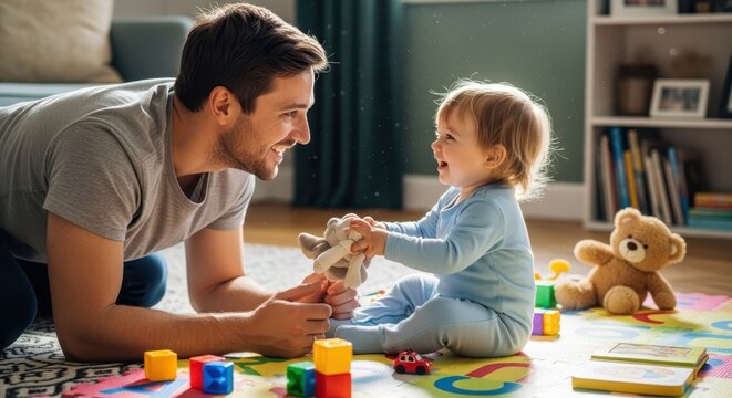 fathers day father and child playing with toys on colorful rug in cozy living room
