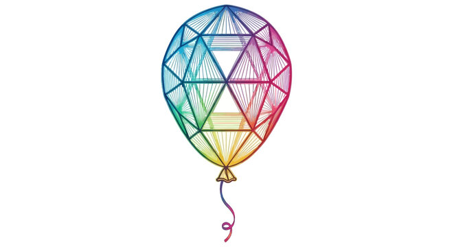 Vibrant rainbow geometric balloon with intricate faceted lines and triangle patterns