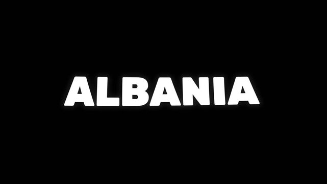 Clean and simple animation displaying the word ALBANIA in bold white letters on a dark background, ideal for travel, geography, and cultural themes.