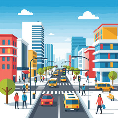 Obraz premium A vibrant city street with buildings, vehicles, and pedestrians