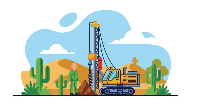 Construction site featuring a drilling rig and workers in a desert landscape
