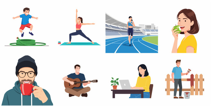 Diverse Lifestyle Activity Illustration Set Featuring People Doing Different Things