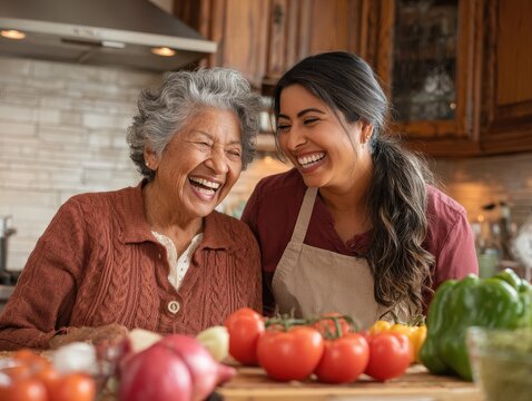 Joyful Hispanic elderly woman sharing a laugh with a home care aide in the kitchen, showcasing genuine warmth and connection
