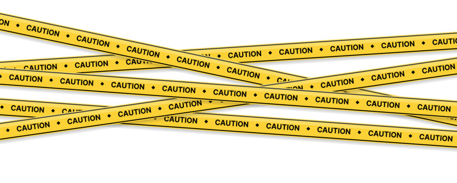 Crossed yellow caution tape strips forming abstract barrier pattern with repeating warning text isolated on transparent background, crime scene restriction concept, safety boundary lines, visibility