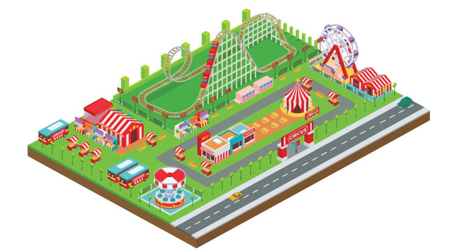 Isometric amusement park illustration featuring a roller coaster and ferris wheel