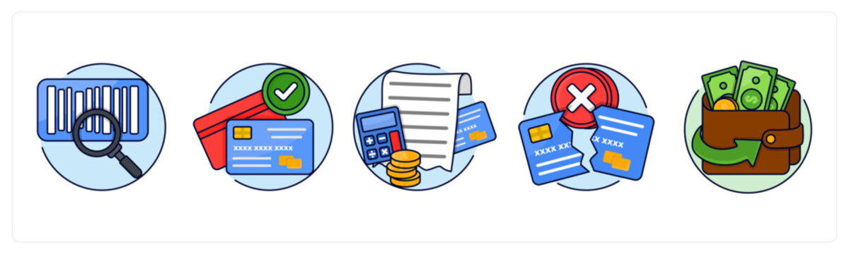 A set of 5 icons as tracking number, payment success, billing