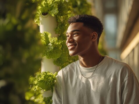 Black teenage boy proudly tending hydroponic lettuce towers in school corridor STEM project under natural light