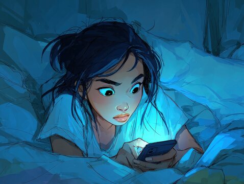 Young Filipina woman with insomnia scrolling on her phone in bed at 3am with a blue glow illustration