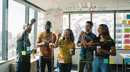 Fototapeta premium Creative business team drawing mind maps window