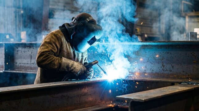Welder in protective mask creating blue arc