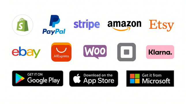 E-commerce icons set, marketplace and payment logos, Shopify, PayPal, Stripe, Amazon, Etsy, eBay, AliExpress, WooCommerce, Square, Klarna, Google Play, Apple App Store, Microsoft. Online store apps.