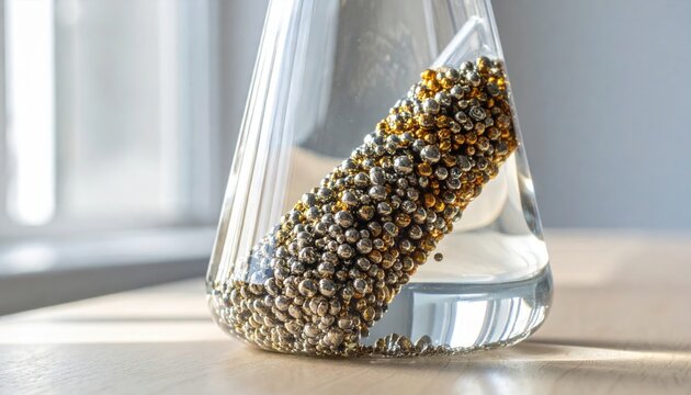 Bright, shimmering metallic zinc granules reflecting light inside a clear glass Erlenmeyer flask, partially submerged in a transparent liquid on a wooden surface.
