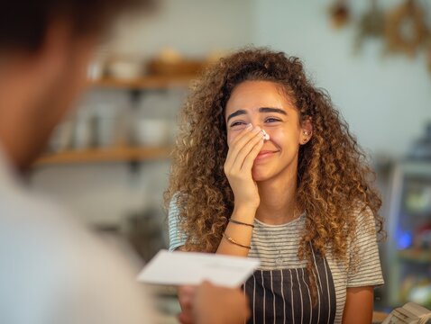 Proud young Latina small business owner tearfully receives her first paycheck