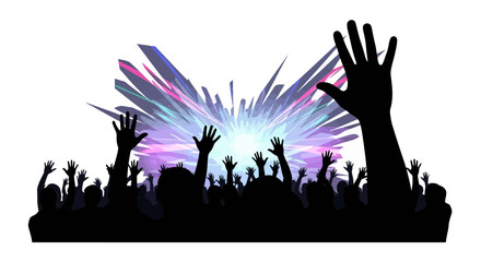 Naklejka premium Energetic crowd silhouette with hands raised at music festival