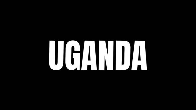 Bold white Uganda text on dark background with clean animation, perfect for country title, travel concept, and geographic or cultural visual content.