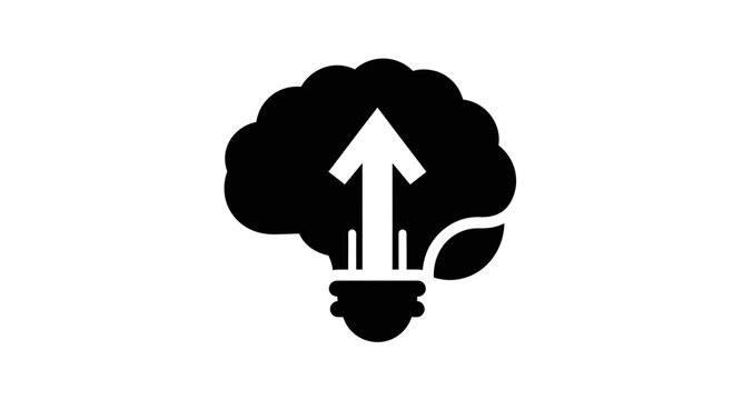 A minimalist vector graphic of a lightbulb with a brain and a growing plant, symbolizing innovative ideas and growth.