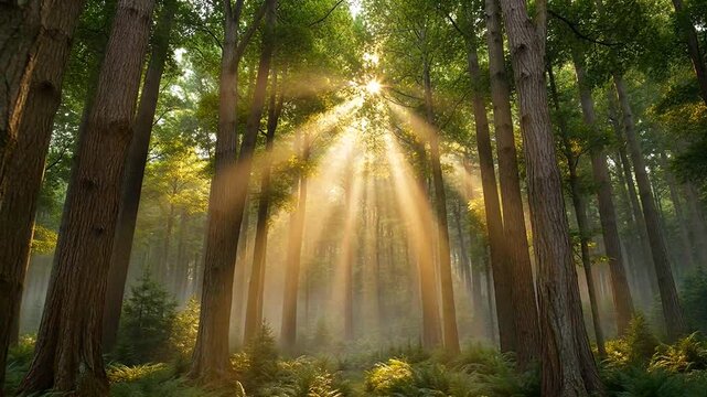 A cinematic drone shot gliding through a dense forest, morning mist between tall trees, soft sunlight rays piercing through leaves, immersive atmosphere, smooth and slow movement, realistic textures, 
