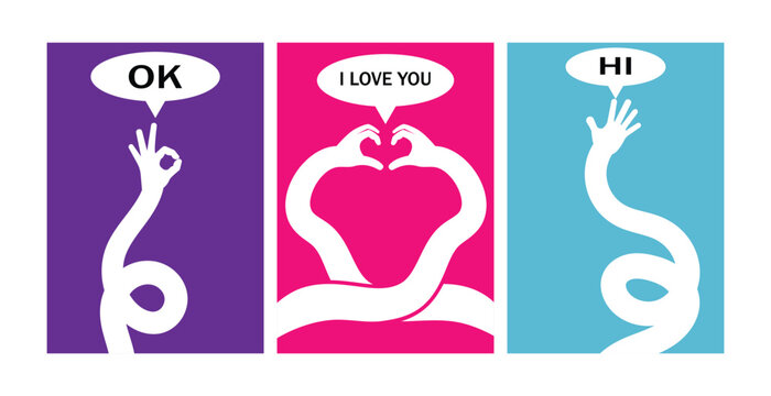Vibrant abstract poster with Playful wavy hand shapes three common communication gestures in warm colors featuring colorful, dynamic, modern feel, creative motivational design typography.