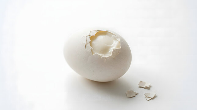 Freshly cracked soft boiled egg with visible runny yolk and delicate eggshell fragments on neutral background capturing breakfast perfection.