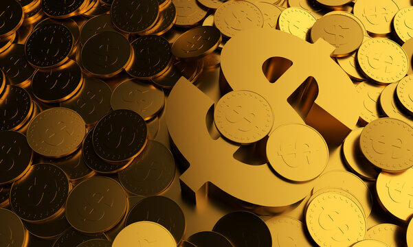 Piles of gold coins and currency symbols for wealth investment dollar