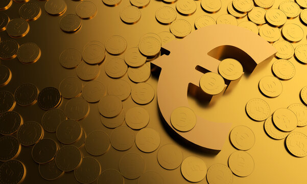 Piles of gold coins and currency symbols for wealth investment euro