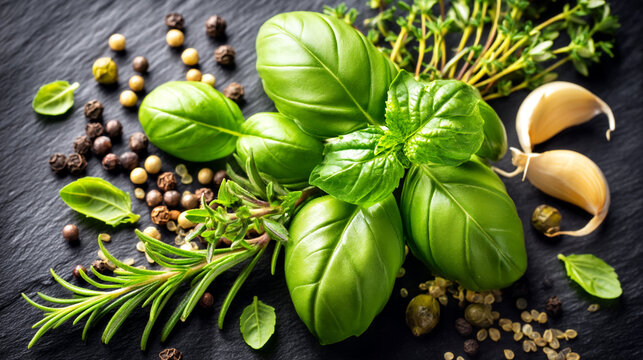 Fresh green basil leaves sprigs of thyme garlic and peppercorns on dark stone with peppercorns