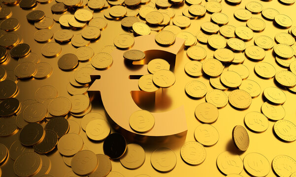 Piles of gold coins and currency symbols for wealth investment euro