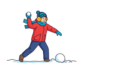 Fototapeta premium Cheerful young boy wearing warm winter clothing and earmuffs preparing to throw a snowball in a snowy outdoor winter landscape.