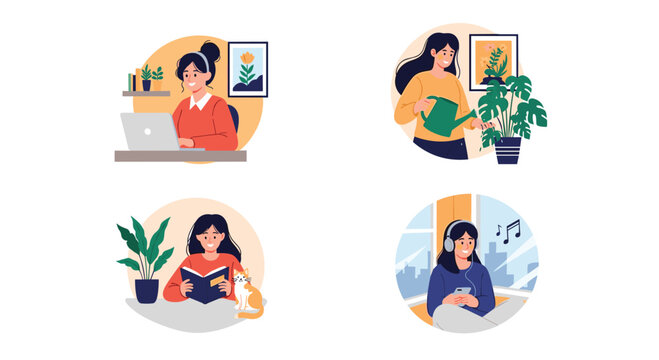 Collection of circular vignettes showing women enjoying various home activities such as working, gardening, reading, and listening to music.