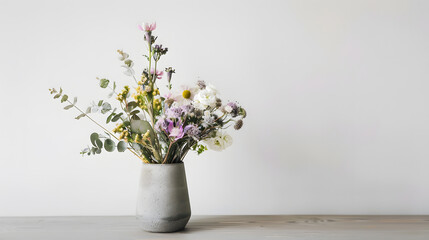 Fototapeta premium Wild Flower Bouquet in Grey Concrete Vase, Minimal Floral Home Interior Background