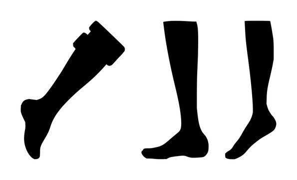 Prosthetic leg silhouette set with solid black icon on white background featuring medical, amputation, assistive technology with healthcare and mobility