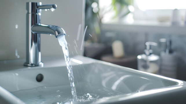 Running Water from Modern Chrome Bathroom Tap into White Ceramic Wash Basin, Hygiene and Daily Water Usage