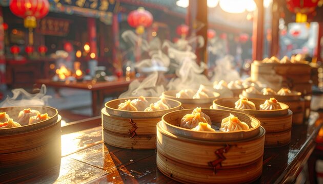 Steaming bamboo baskets filled with delicate har gow shrimp dumplings served in a traditional Asian restaurant setting