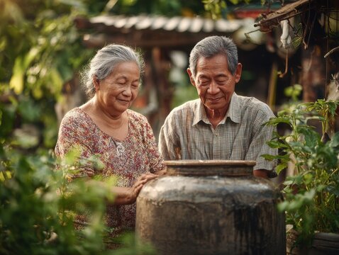 Elderly Filipino couple working on biogas digester in a peaceful rural tropical backyard farm