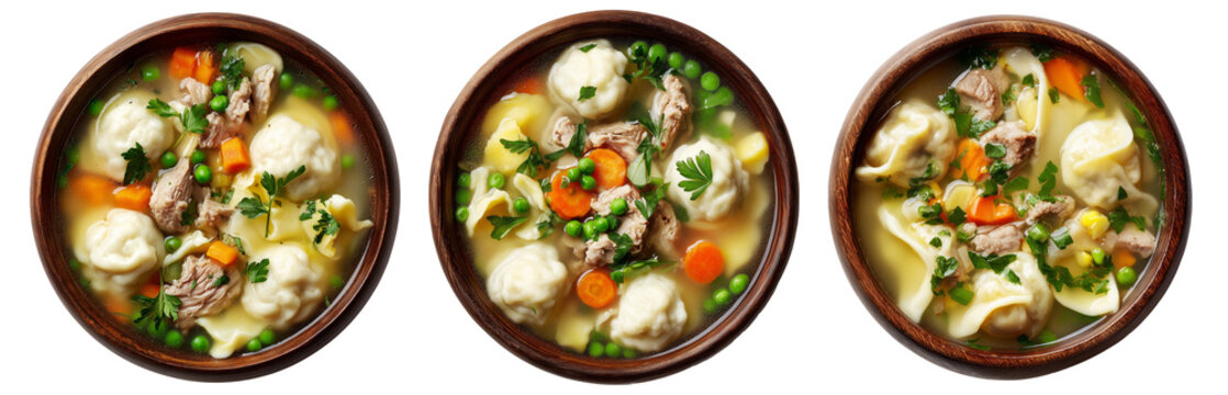 Hot meat pork soup with vegetables and doughboys dumplings in wooden bowl, isolated on white background, New Zealand cuisine