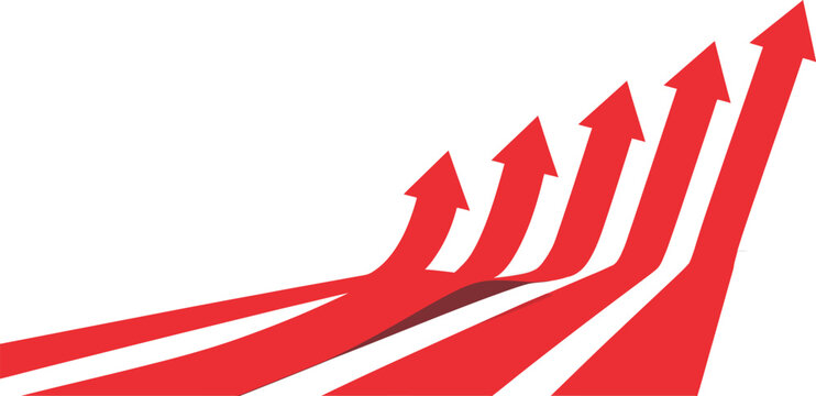 Five red business arrows in a row slanted pointing up, growth direction concept, upward trend symbols, success and progress indicators, clean minimal corporate vector illustration design.