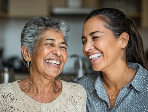 Elderly Latina woman sharing a joyful moment with home care aide in kitchen, showcasing a genuine warm connection