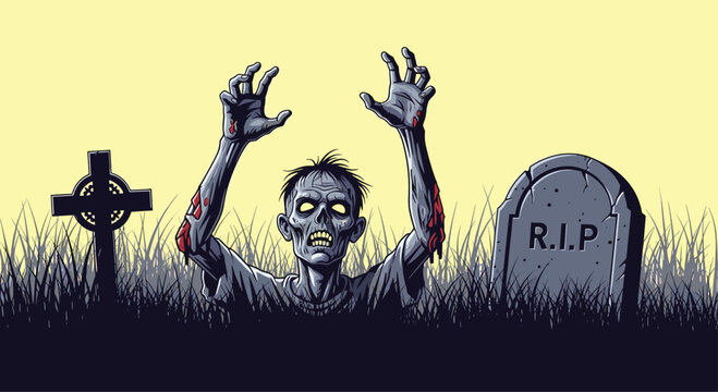 Spooky Halloween illustration of a terrifying zombie with glowing eyes rising from its grave in a cemetery at night with a tombstone.