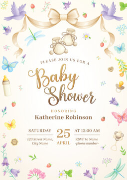 Baby shower invitation with floral elements. Vector template in neutral beige and pastel colors.