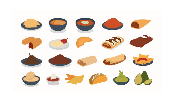 Mexican traditional food dishes collection vector illustration set with popular national meals isolated on white background