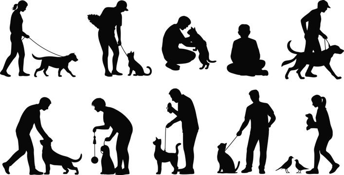 People with pets silhouettes vector collection isolated on white background