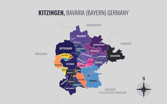 A map showing Kitzingen BY Kreise into Gemeinden in a minimalist colorful style