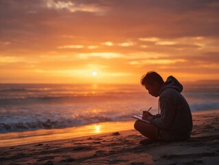 Fototapeta premium Pacific Islander man journaling on the beach during sunrise, reflecting emotionally