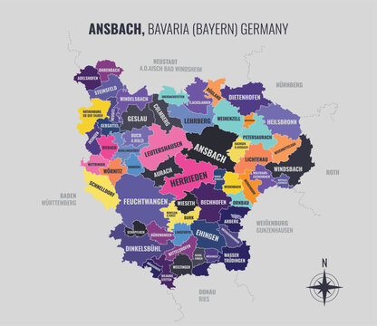 A map showing Ansbach BY Kreise into Gemeinden in a minimalist colorful style