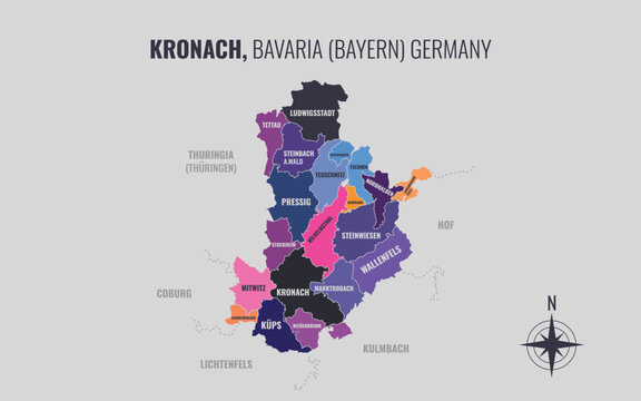 A map showing Kronach BY Kreise into Gemeinden in a minimalist colorful style