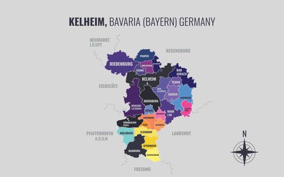 A map showing Kelheim BY Kreise into Gemeinden in a minimalist colorful style